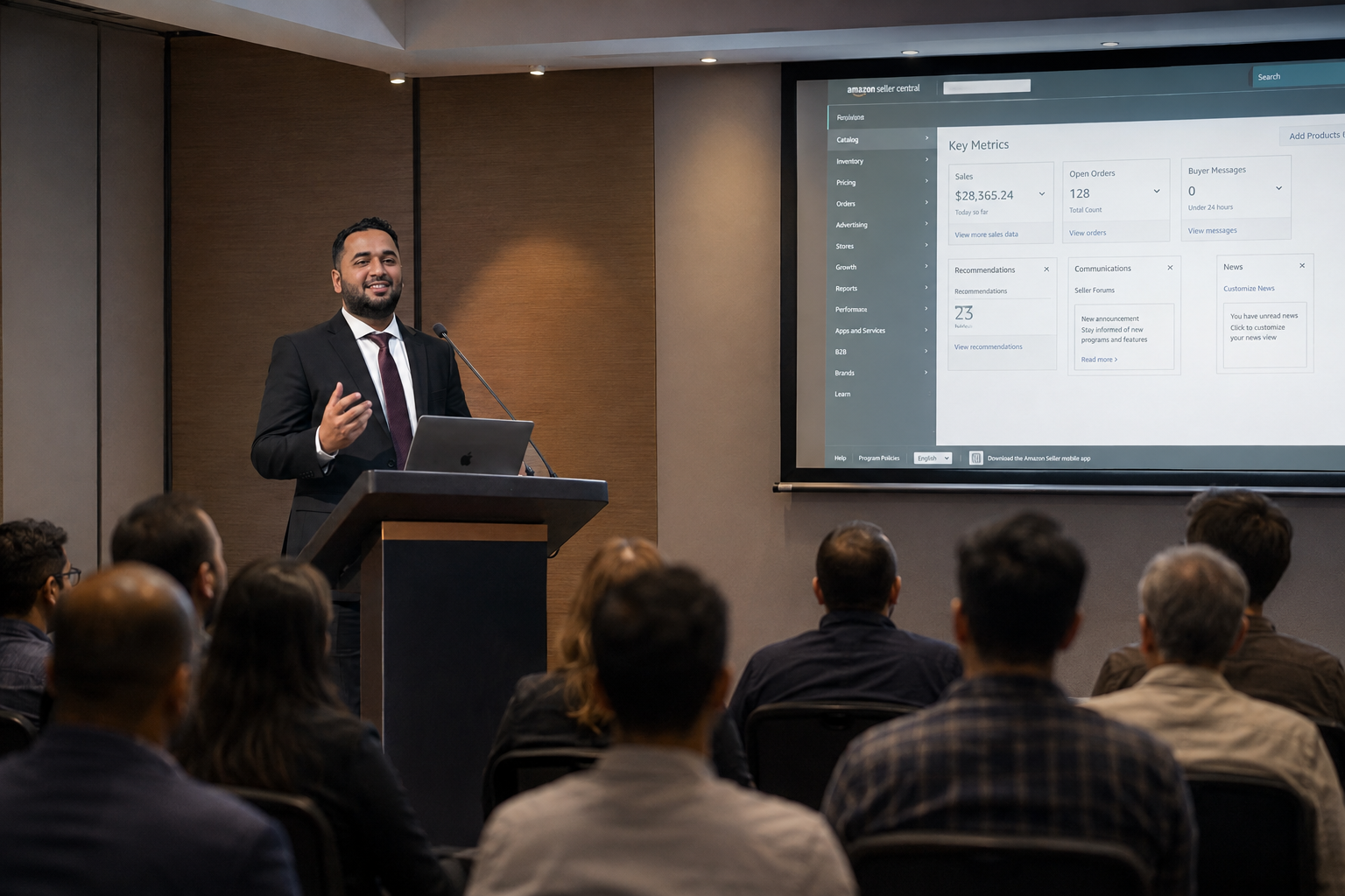 Faizan Rana presenting at a seminar
